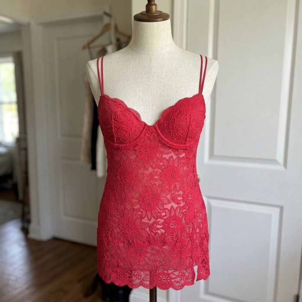 Vintage Y2K Victoria Secret Red Floral Lace Underwire Slip Dress Babydoll 36B